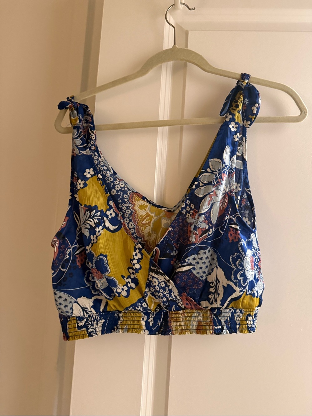 Free People Blue & Mustard Floral Tie-Shoulder Crop Camisole